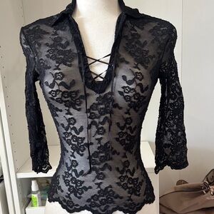 Express Black Lace Sheer Long-Sleeve Blouse